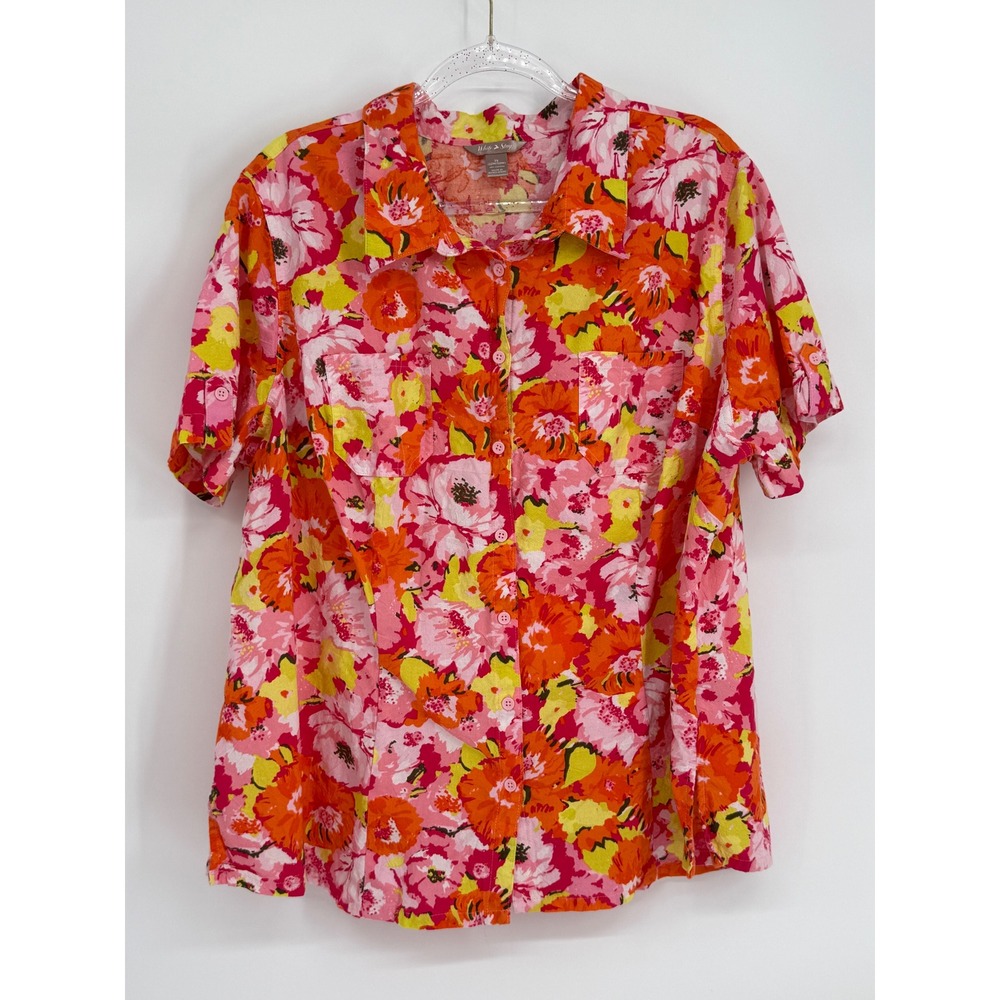 White Stag Womens Sz 3X Pink Orange Floral Cotton Button Up Blouse